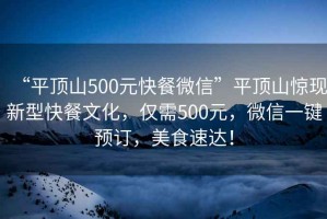 “平頂山500元快餐微信”平頂山驚現(xiàn)新型快餐文化，僅需500元，微信一鍵預(yù)訂，美食速達(dá)！