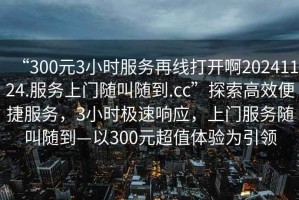 “300元3小時(shí)服務(wù)再線打開啊20241124.服務(wù)上門隨叫隨到.cc”探索高效便捷服務(wù)，3小時(shí)極速響應(yīng)，上門服務(wù)隨叫隨到—以300元超值體驗(yàn)為引領(lǐng)