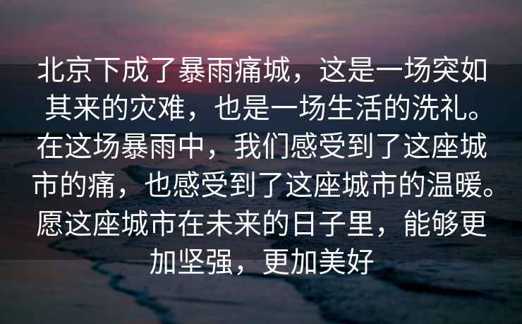 北京下成了暴雨痛城，這是一場(chǎng)突如其來(lái)的災(zāi)難，也是一場(chǎng)生活的洗禮。在這場(chǎng)暴雨中，我們感受到了這座城市的痛，也感受到了這座城市的溫暖。愿這座城市在未來(lái)的日子里，能夠更加堅(jiān)強(qiáng)，更加美好